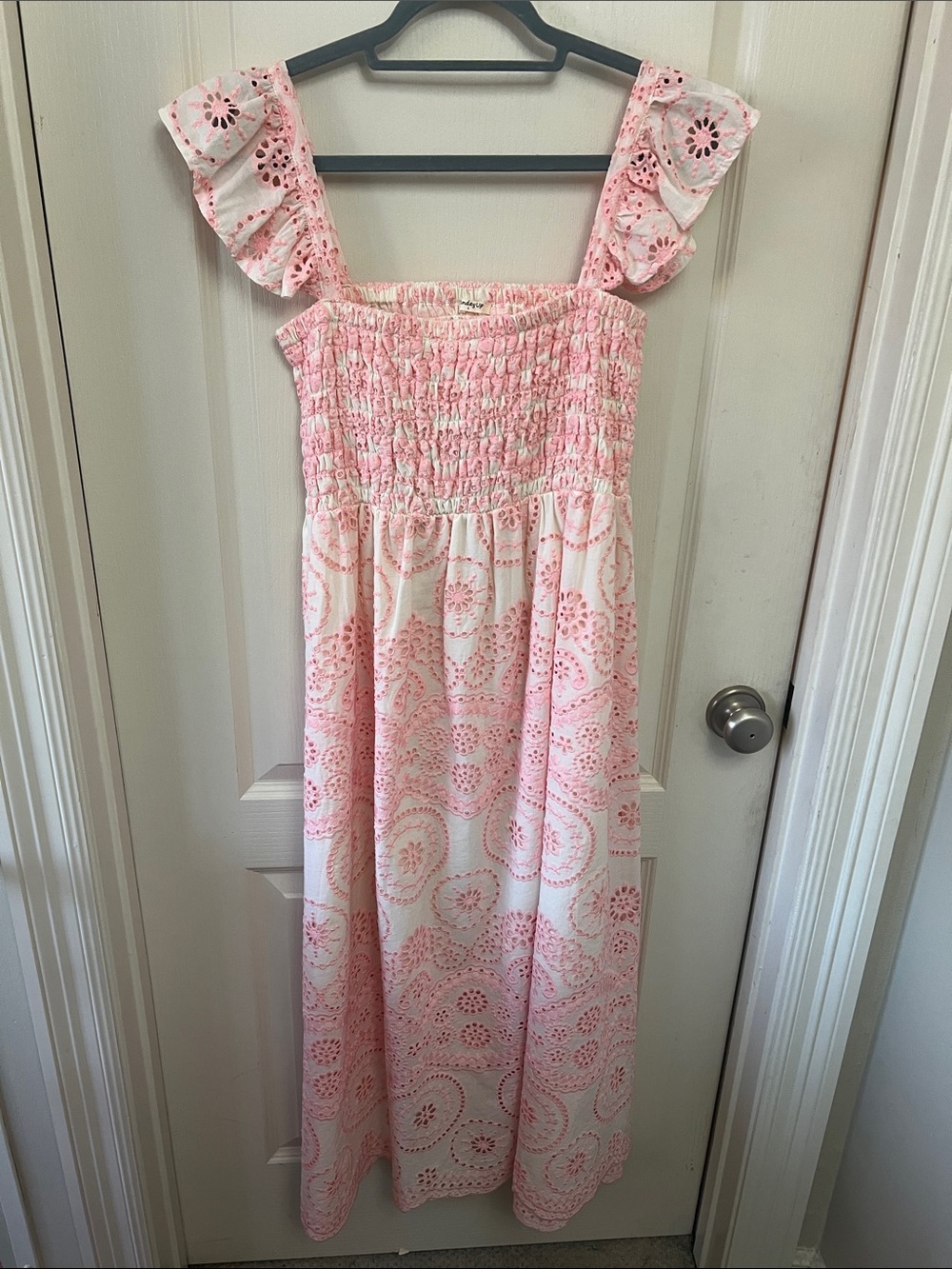 Smocked Pink Eyelet Midi Dress with Ruffle Straps NWOT